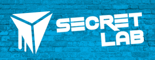 Secretlab logo on AweCoop's blue brick wall.