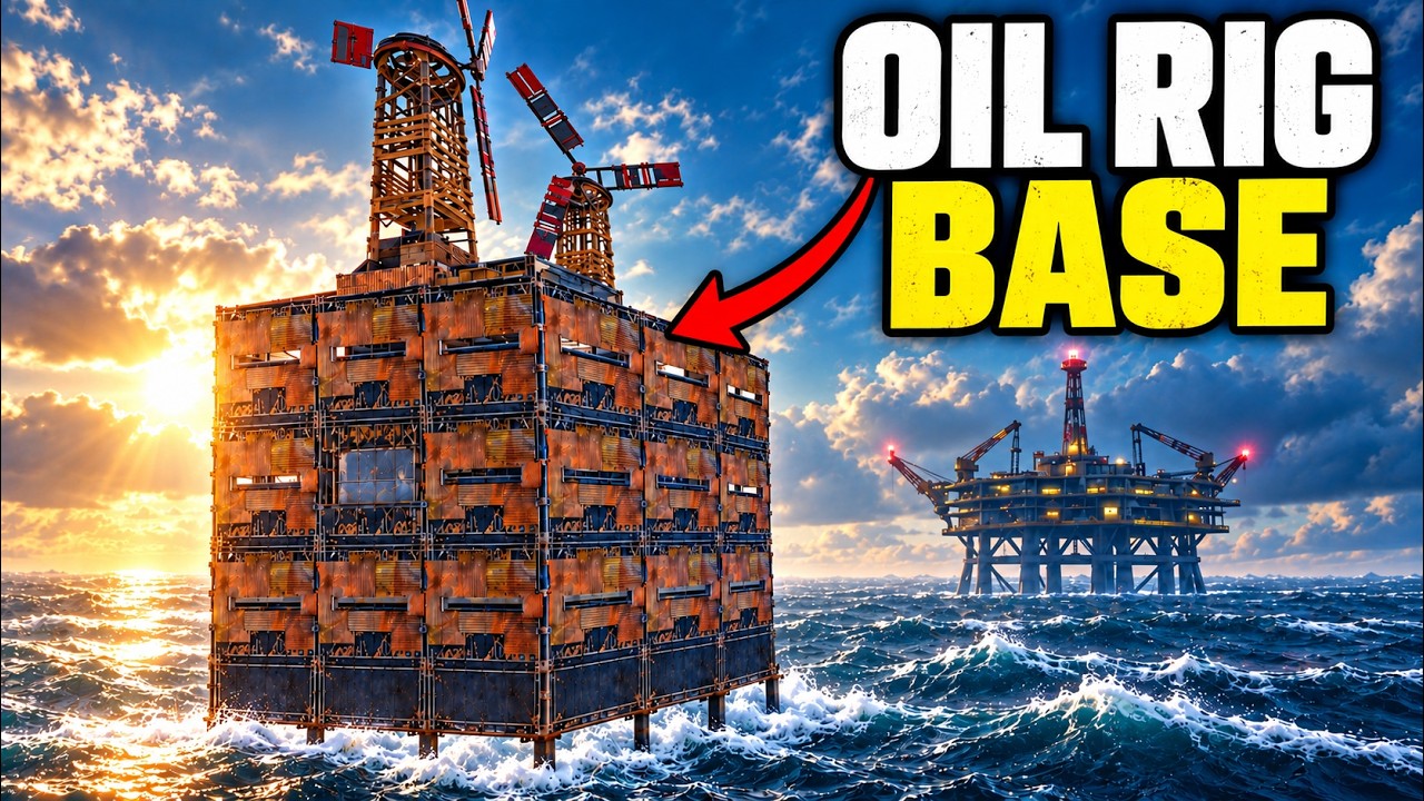 Thumbnail: Oil Rig Base, a rusted metal base standing in the ocean with Oil Rig in the distance.