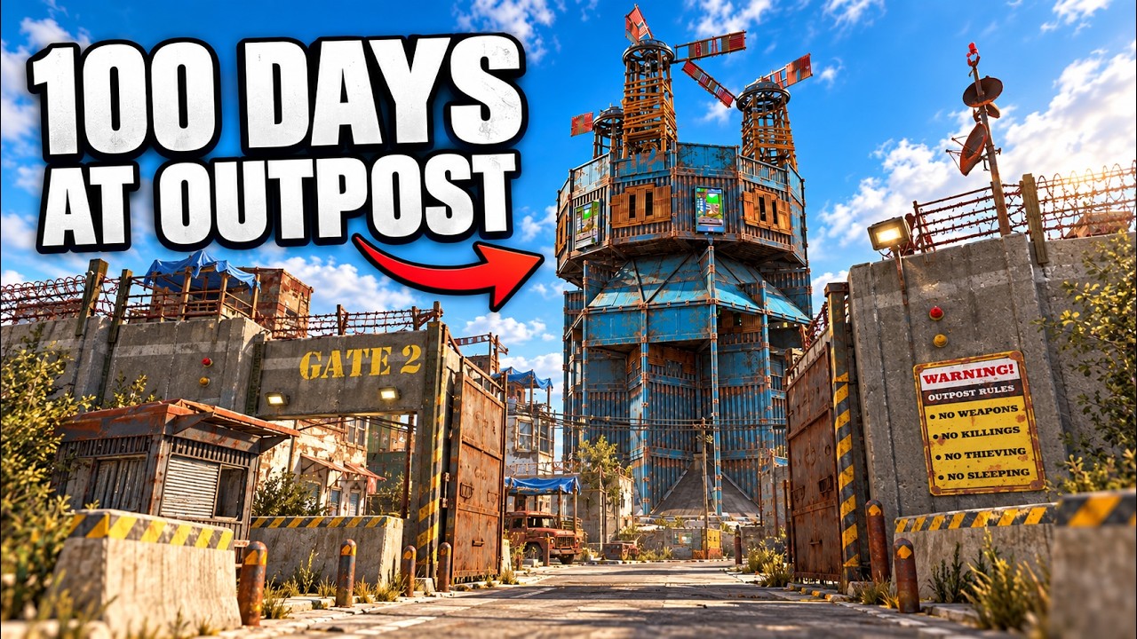 Thumbnail: 100 Days at Outpost, with a blue scrap tower rising behind Outpost's Gate 2.